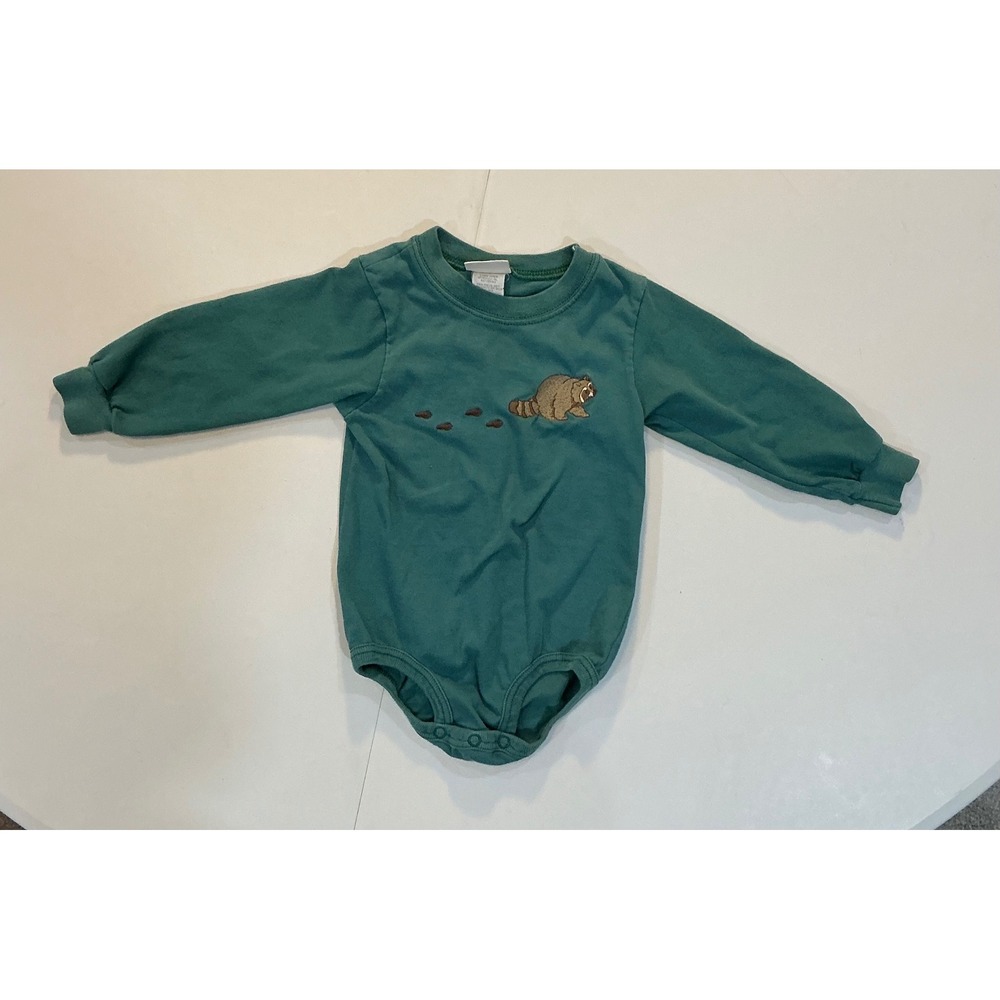 VTG Carters Bodysuit Embroidered Raccoon Baby 12-18M Green Long Sleeve Nature